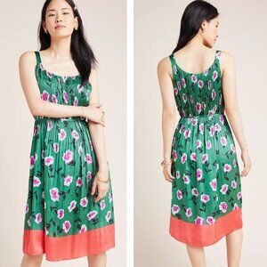 Anthropologie Mireille Green Red Pink Floral Pleated Midi Dress- 35769